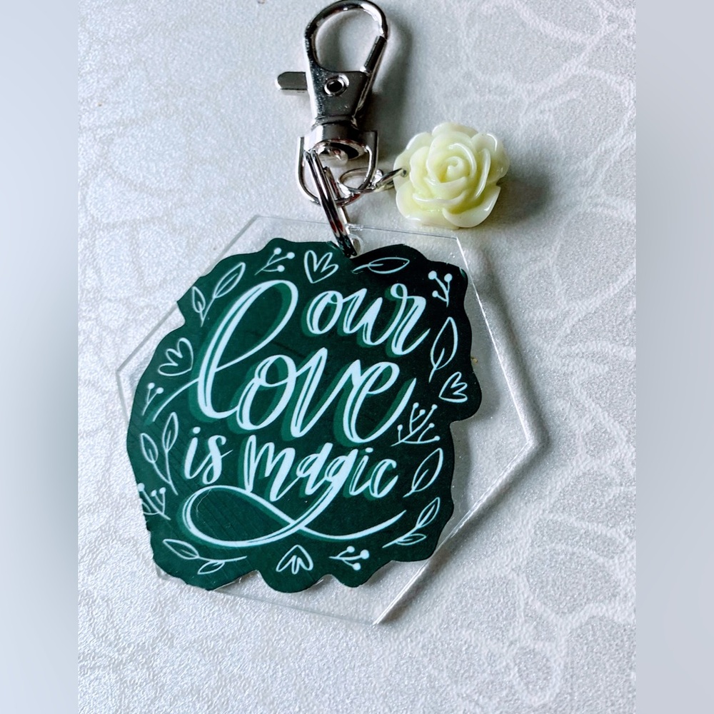 Green and White Keychain with Floral Charm